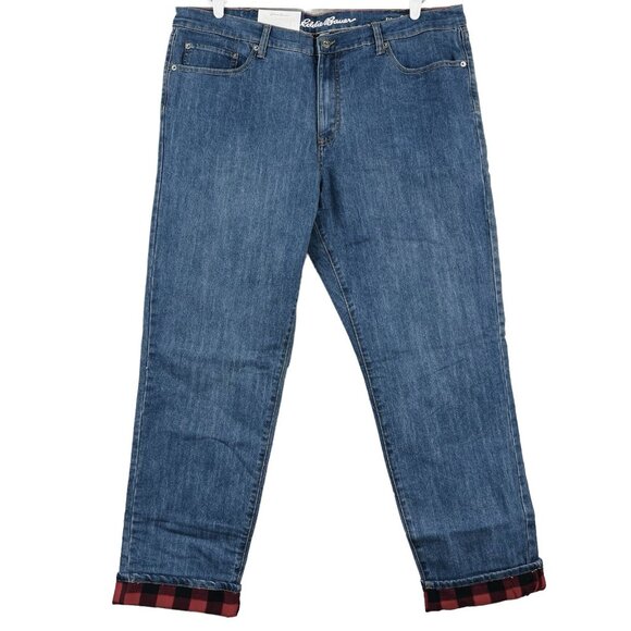 NWT Eddie Bauer Men's Flannel Lined Denim Jeans 40x34 Straight Fit Stretch Blue - Picture 1 of 13
